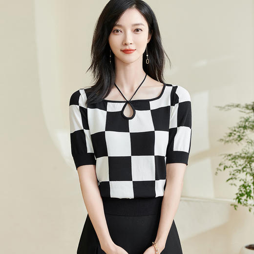 剩S/L/XL 米思阳【冰丝棋盘格针织衫】2025夏季新款时尚经典撞色百搭上衣0230 商品图1