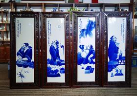 釉下彩青花无骨画＜琴棋书画＞