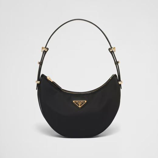 PRADA 普拉达 女士珐琅金属三角徽标 Arqué 尼龙与亮面皮革单肩包 黑色 1BC194 R789 F0002 OOO 商品图0