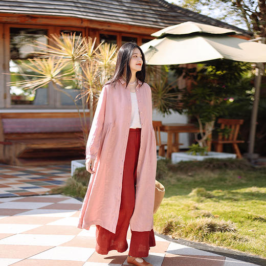 绽放098朵/桃夭两穿风衣连衣裙高端砂洗亚麻翻领显瘦长袖棉麻裙子 商品图0