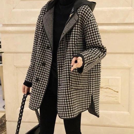 雀说 外套女早春格子宽松连帽显瘦毛呢大衣4ZF-022605 商品图3