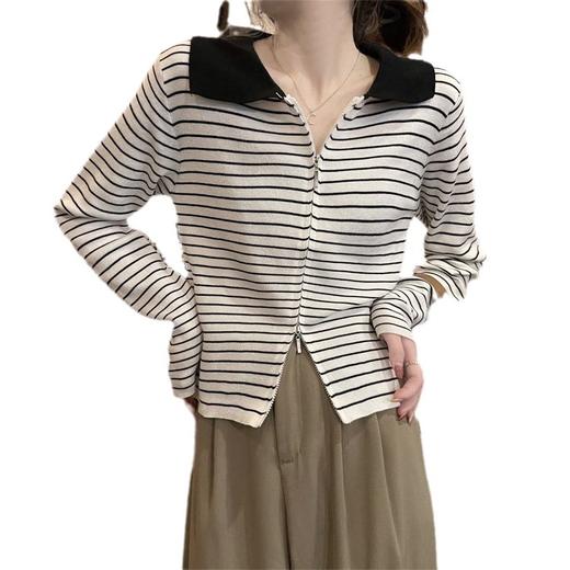 「四款可选！撞色翻领条纹长袖」春季新款双拉链针织衫女春秋季新款修身打底衫短款上衣女装 商品图4