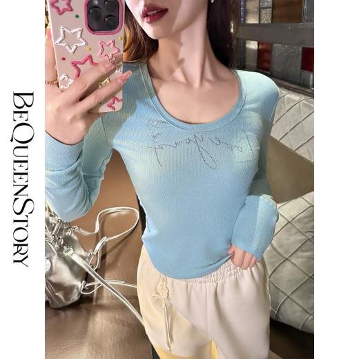 余潇潇【马卡龙变奏】时尚百搭设计感舒适修身圆领烫钻亲肤上衣女装 商品图3