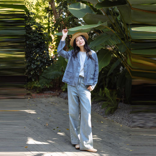 绽放087朵/2024春季经典怀旧复古简约水洗蓝宽松拖地阔腿牛仔裤 商品图2