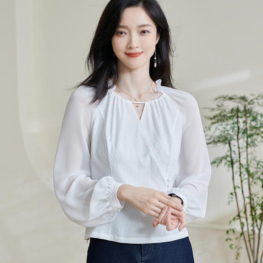 剩M/L 米思阳2026春季新款新中式高级感提花衬衫拼接通透弹力上衣女0892 商品图1