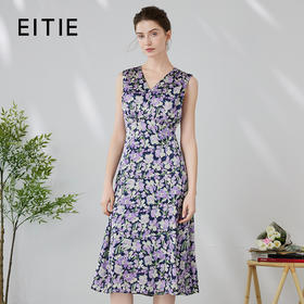 EITIE爱特爱时尚法式紫色印花收腰a字V领无袖连衣裙春季新款A2407315