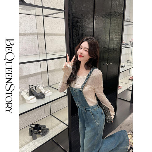 BeQueenStory【海椰假日】复古柔软绣花纯手工编织肩带牛仔背带裤 商品图2