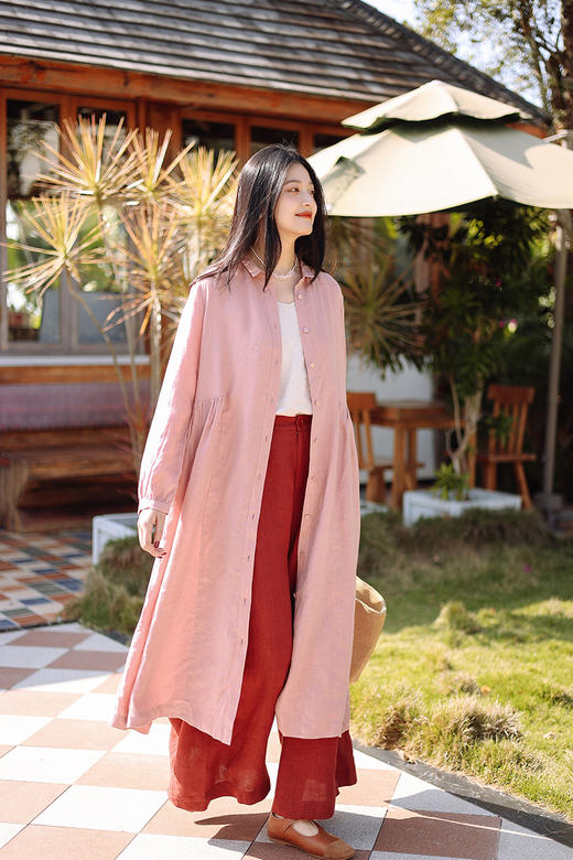 绽放098朵/桃夭两穿风衣连衣裙高端砂洗亚麻翻领显瘦长袖棉麻裙子 商品图5