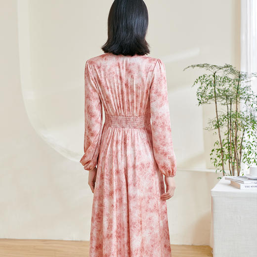 剩S/M/XL/XXL 米思阳2026春季新款法式气质收腰连衣裙v领晕染粉色大摆裙子0264 商品图2