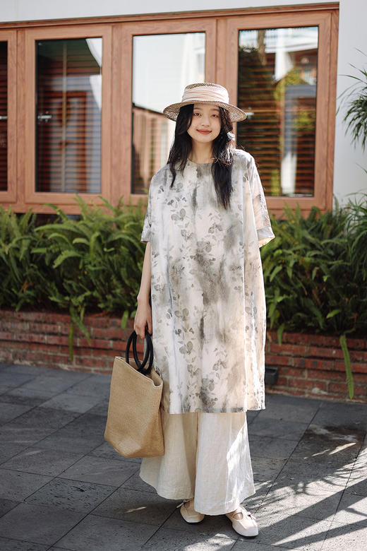 绽放178朵/2024新款亚麻连衣裙棉麻宽松茧型中长款日系裙旅行叠穿 商品图5