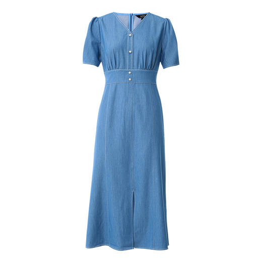 EITIE爱特爱复古牛仔V领收腰泡泡袖显瘦通勤连衣裙夏季新款B2407352 商品图5