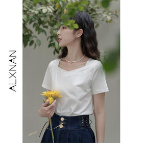 鹿向南 T恤女短袖2024新款方领小个子法式修身上衣夏季