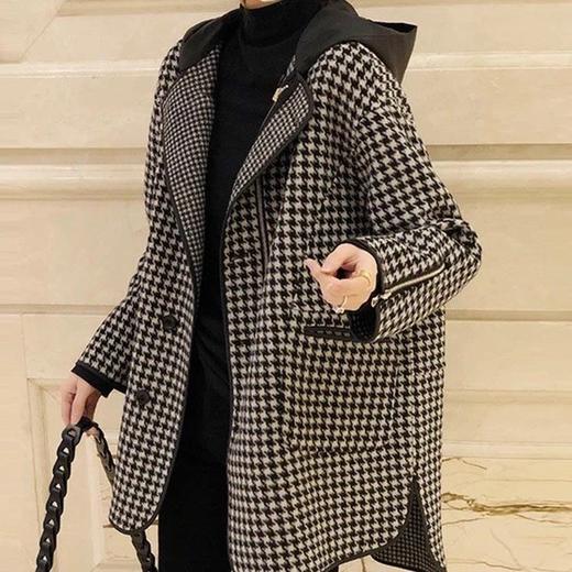 雀说 外套女早春格子宽松连帽显瘦毛呢大衣4ZF-022605 商品图1