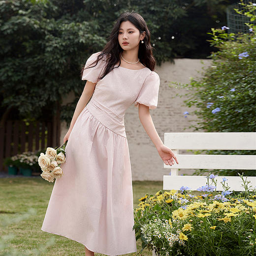 不规则领口两穿短袖连衣裙春季新款灯笼袖抽褶收腰A字裙V0540395 商品图0