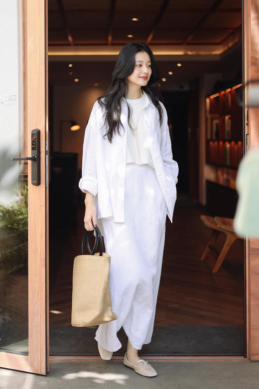 绽放146-147朵/2024春季高级感宽松文艺显瘦棉麻衬衫亚麻半裙套装 商品图5