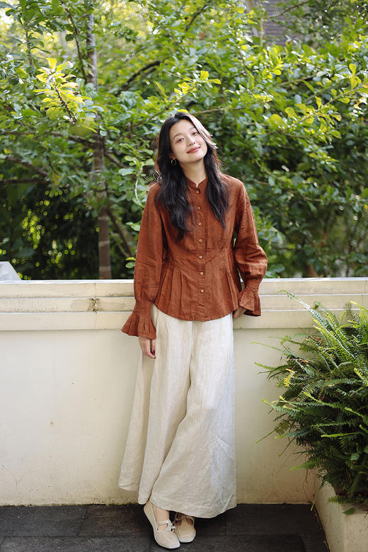 绽放089朵/高端光泽感亚麻棉新中式立领长袖微喇叭袖文艺棉麻衬衫 商品图5