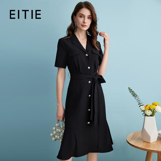 EITIE爱特爱气质通勤V领收腰显瘦鱼尾黑色衬衫连衣裙2024夏季新款B2407342 商品图0