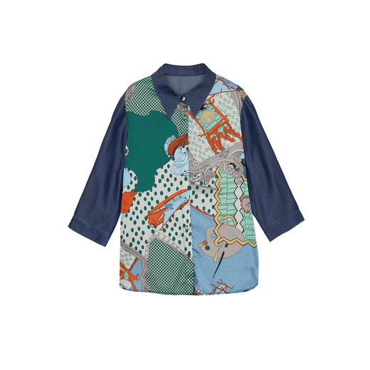 谜底牛仔拼接衬衫分袖女2024夏季新款复古印花亲肤衬衣246MC7072 商品图4