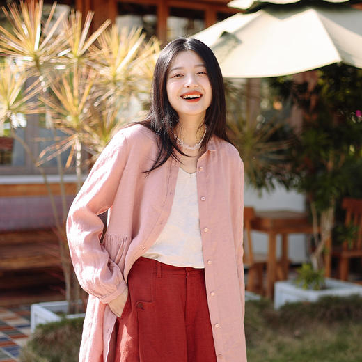 绽放098朵/桃夭两穿风衣连衣裙高端砂洗亚麻翻领显瘦长袖棉麻裙子 商品图1