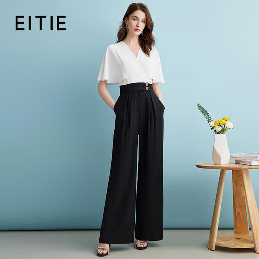 EITIE爱特爱高腰通勤飞飞袖交襟V领撞色阔腿连体裤夏季新款B2407350 商品图0