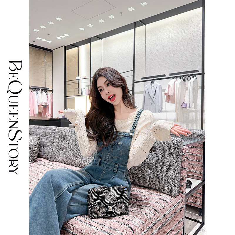 BeQueenStory【海椰假日】复古柔软绣花纯手工编织肩带牛仔背带裤