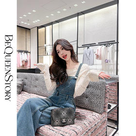 BeQueenStory【海椰假日】复古柔软绣花纯手工编织肩带牛仔背带裤