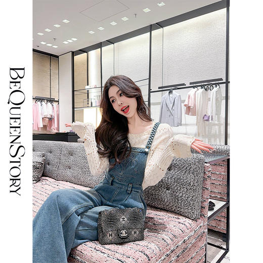 BeQueenStory【海椰假日】复古柔软绣花纯手工编织肩带牛仔背带裤 商品图0