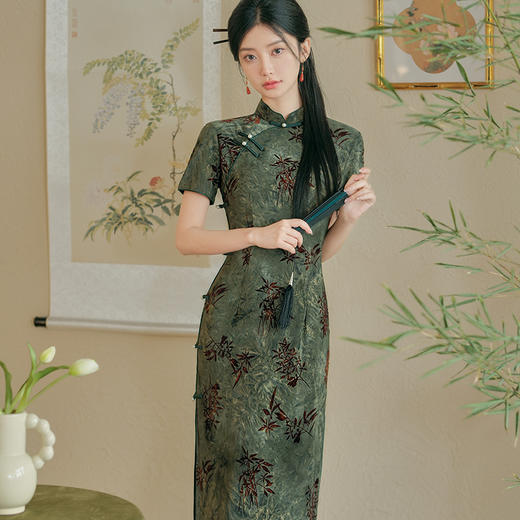 文艺复古风，春夏季新款牛奶丝植绒优雅气质旗袍老上海旗袍连衣裙HYM-23549 商品图3
