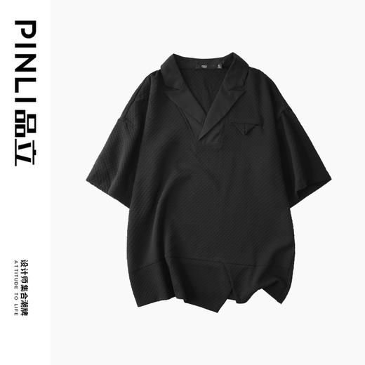 PINLI品立裁魂夏季新款西装领短袖T恤男士宽松黑色休闲潮上衣BC242111028 商品图3