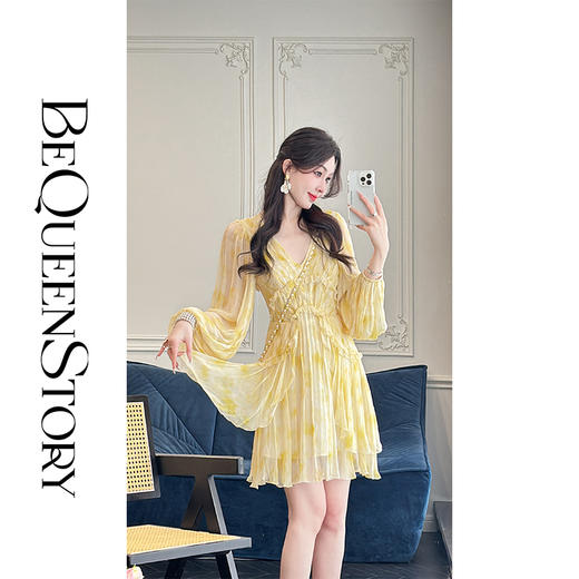 BeQueenStory【西西里漫花】人丝顺纡轻奢优雅收腰灯笼袖连衣裙女装 商品图3