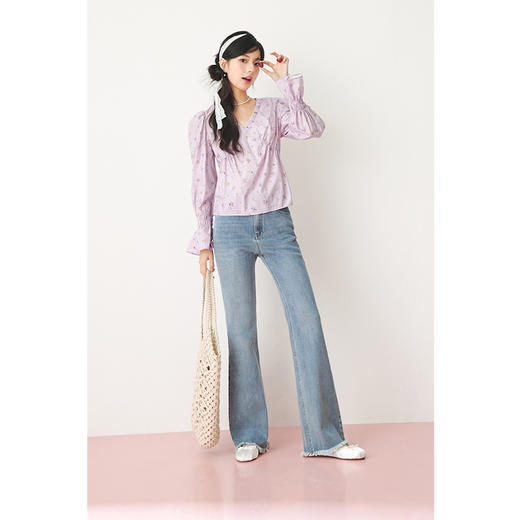 【严选】诗凡黎春精致抽褶设计碎花造型感泡泡袖衬衫SF3120141 商品图1