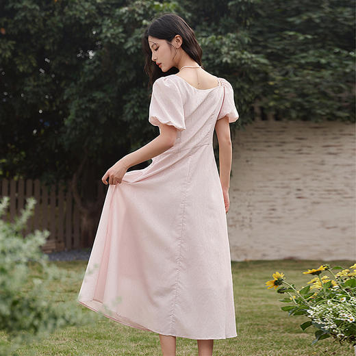 不规则领口两穿短袖连衣裙春季新款灯笼袖抽褶收腰A字裙V0540395 商品图4