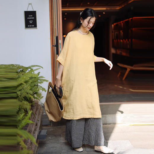 绽放131朵/叠穿神器2024新款亚麻棉格子裤日系文艺直筒裤宽松长裤 商品图3