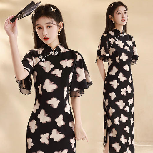 春夏新款，改良旗袍年轻款蝴蝶复古新中式小个子显瘦旗袍XL-24027 商品图0