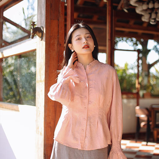 绽放089朵/高端光泽感亚麻棉新中式立领长袖微喇叭袖文艺棉麻衬衫 商品图0