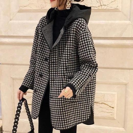 雀说 外套女早春格子宽松连帽显瘦毛呢大衣4ZF-022605 商品图0