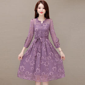 QYM-6605收腰系带紫色连衣裙女2024年新款春季提花裙中长款A字裙
