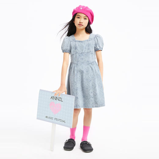 女童牛仔连衣裙新款夏纯棉简约纯色提花公主裙子安奈儿童装EG423079 商品图5