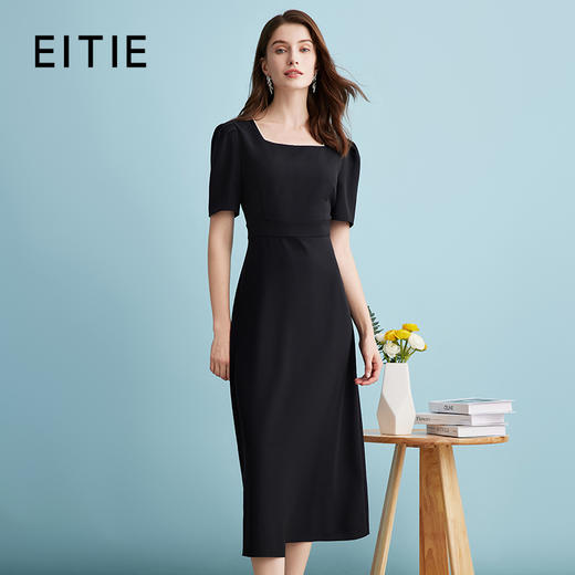 EITIE爱特爱气质方领蝴蝶结镂空收腰显瘦长裙连衣裙夏季新款B2407346 商品图0