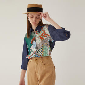 谜底牛仔拼接衬衫分袖女2024夏季新款复古印花亲肤衬衣246MC7072