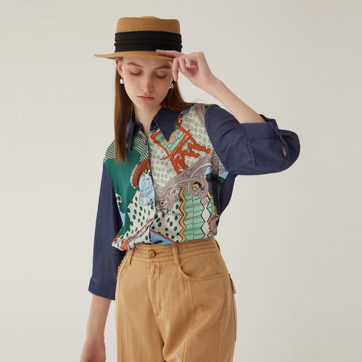 谜底牛仔拼接衬衫分袖女2024夏季新款复古印花亲肤衬衣246MC7072 商品图0