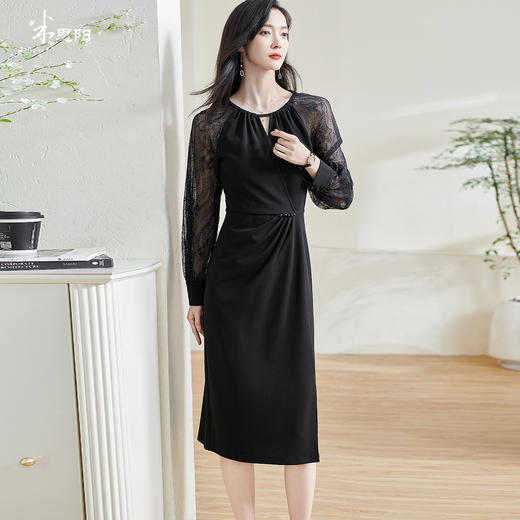 剩S/M/L/XL 米思阳2026春季新款优雅气质镂空连衣裙蕾丝弹力收腰一步裙女0891 商品图0