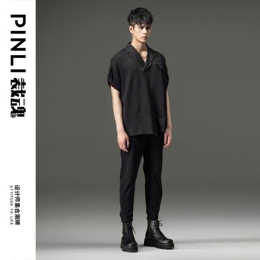PINLI品立裁魂夏季新款西装领短袖T恤男士宽松黑色休闲潮上衣BC242111028 商品图1