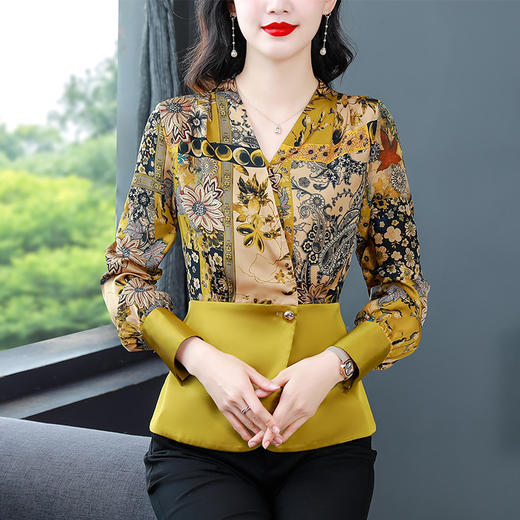 缎面印花衬衫气质西装领收腰显瘦上衣K-A83N6918 商品图0