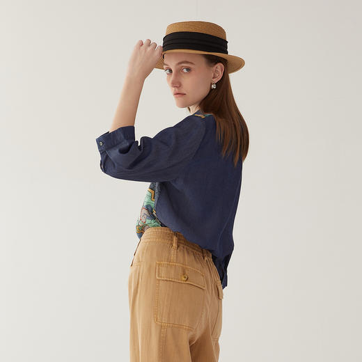 谜底牛仔拼接衬衫分袖女2024夏季新款复古印花亲肤衬衣246MC7072 商品图2