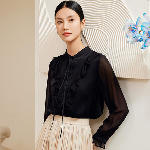 玳莎荷叶边真丝衬衫桑蚕丝时尚气质百搭长袖女士衬衣  CA31307 商品图4