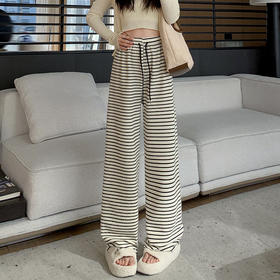 「高腰·松紧！两色可选」黑白条纹阔腿裤 女春秋高腰垂感休闲遛弯裤软糯慵懒针织拖地长裤子下装