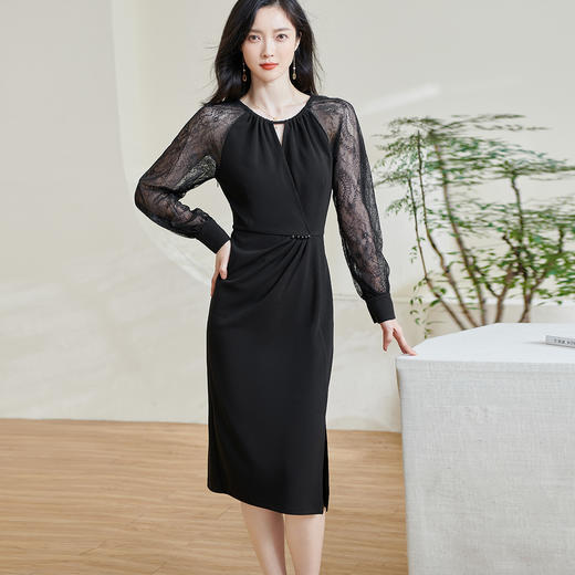 剩S/M/L/XL 米思阳2026春季新款优雅气质镂空连衣裙蕾丝弹力收腰一步裙女0891 商品图1