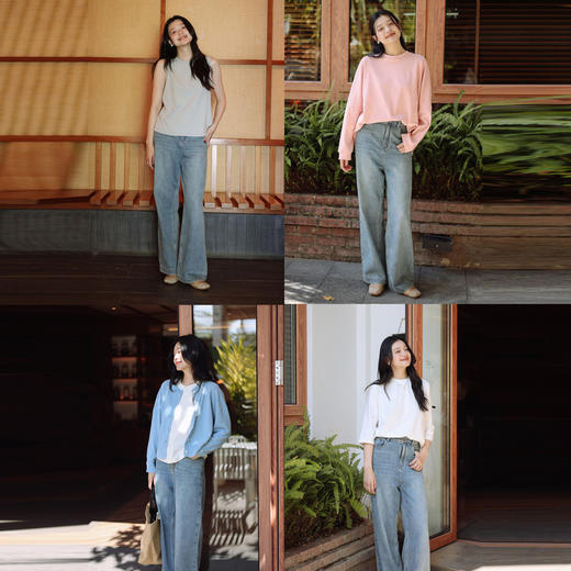 绽放087朵/2024春季经典怀旧复古简约水洗蓝宽松拖地阔腿牛仔裤 商品图1