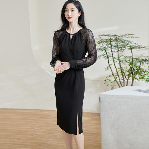 剩S/M/L/XL 米思阳2026春季新款优雅气质镂空连衣裙蕾丝弹力收腰一步裙女0891 商品图2